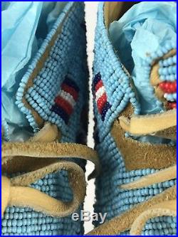 Vintage Authentic Souix Tribe Full Beaded Moccasins Blue Native American Indian