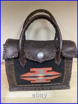 Vintage Beautiful Leather Laced Woven Navajo Silver Tooled Button Handbag Purse