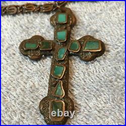 Vintage Bell Copper Cross With Turquoise & Fancy Chain Native American Made