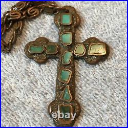 Vintage Bell Copper Cross With Turquoise & Fancy Chain Native American Made