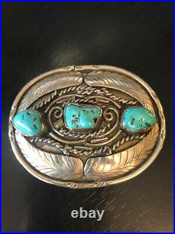 Vintage Collectible Unique Sterling Silver Turquoise Native Amer Belt Buckle
