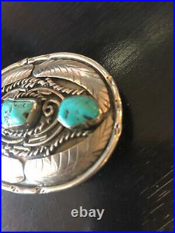 Vintage Collectible Unique Sterling Silver Turquoise Native Amer Belt Buckle