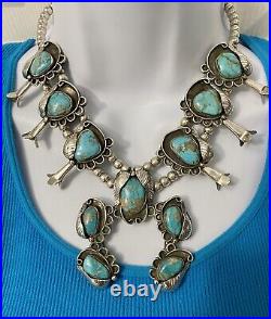 Vintage Estate Native Sterling Silver Turquoise Squash Blossom Necklace 105 Gram