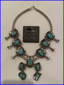 Vintage Estate Native Sterling Silver Turquoise Squash Blossom Necklace 105 Gram