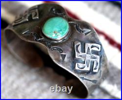 Vintage FRED HARVEY ERA WHIRLING LOG + TURQUOISE sterling silver CUFF bracelet