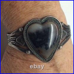 Vintage Fred Harvey Era Cuff Bracelet Sterling Silver Petrified Wood Heart