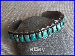 Vintage Fred Harvey Era Silver Rectangular Green Turquoise Row Cuff Bracelet
