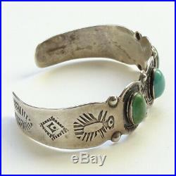 Vintage Fred Harvey Era Turquoise Cuff Bracelet Sterling Silver Stamp Decorated