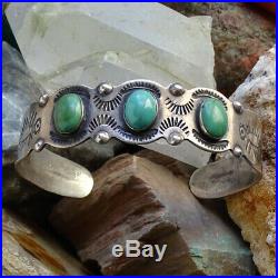Vintage Fred Harvey Era Turquoise Cuff Bracelet Sterling Silver Stamp Decorated