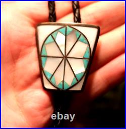 Vintage GEOMETRIC TURQUOISE + MOP INLAY bolo Zuni snowflake sterling art deco
