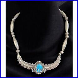 Vintage Handmade Native American Sterling Silver and Turquoise Feather Choker Ne