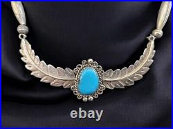 Vintage Handmade Native American Sterling Silver and Turquoise Feather Choker Ne