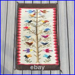 Vintage Handwoven Wool Folk Art Bird Tree Rug Southwestern Wall Hanging Boho