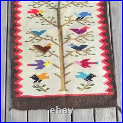 Vintage Handwoven Wool Folk Art Bird Tree Rug Southwestern Wall Hanging Boho