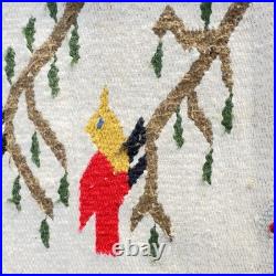 Vintage Handwoven Wool Folk Art Bird Tree Rug Southwestern Wall Hanging Boho