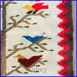 Vintage Handwoven Wool Folk Art Bird Tree Rug Southwestern Wall Hanging Boho