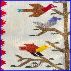 Vintage Handwoven Wool Folk Art Bird Tree Rug Southwestern Wall Hanging Boho