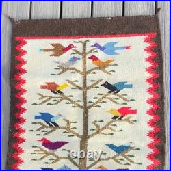 Vintage Handwoven Wool Folk Art Bird Tree Rug Southwestern Wall Hanging Boho