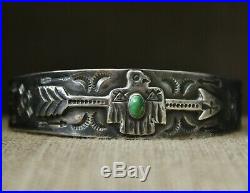 Vintage Harvey Era Navajo Sterling Silver Turquoise Thunderbird Cuff Bracelet