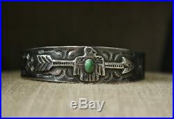 Vintage Harvey Era Navajo Sterling Silver Turquoise Thunderbird Cuff Bracelet