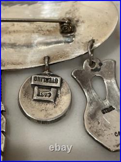 Vintage Hopi Silver Overlay Pin/Brooch with Charms Signed by Artist K. J