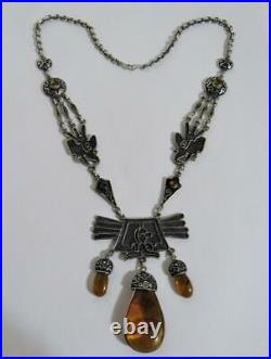Vintage Hopi Sterling Silver Peyote Bird Natural Amber Necklace Native American