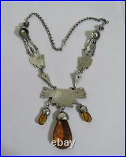 Vintage Hopi Sterling Silver Peyote Bird Natural Amber Necklace Native American