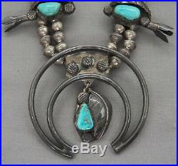 Vintage Indian Jewelry Navajo Squash Blossom Sterling & Turquoise Necklace