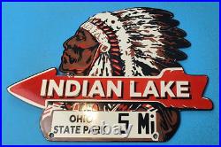 Vintage Indian Lake Porcelain Native American State Park Service Gas Pump Sign