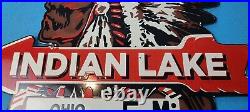 Vintage Indian Lake Porcelain Native American State Park Service Gas Pump Sign