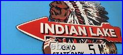 Vintage Indian Lake Porcelain Native American State Park Service Gas Pump Sign