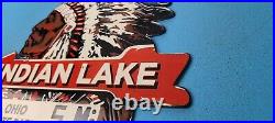 Vintage Indian Lake Porcelain Native American State Park Service Gas Pump Sign