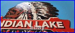 Vintage Indian Lake Porcelain Native American State Park Service Gas Pump Sign