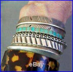 Vintage Indian Silver Stamped Square Turquoise Inlay Row Cuff Bracelet SM Wrist