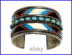 Vintage Inlaid Stones & Turquoise Sterling Silver Cuff Signed AJ 79.9g