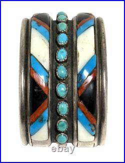 Vintage Inlaid Stones & Turquoise Sterling Silver Cuff Signed AJ 79.9g