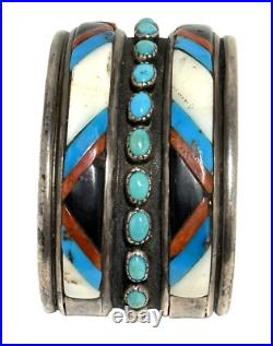 Vintage Inlaid Stones & Turquoise Sterling Silver Cuff Signed AJ 79.9g