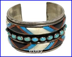 Vintage Inlaid Stones & Turquoise Sterling Silver Cuff Signed AJ 79.9g