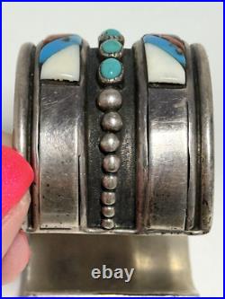 Vintage Inlaid Stones & Turquoise Sterling Silver Cuff Signed AJ 79.9g