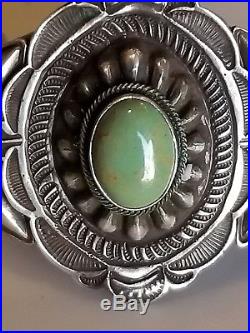 Vintage L. E. B. Navajo Sterling Silver Green Turquoise Cabochon Sandcast Cuff