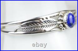 Vintage Lapis Lazuli Sterling Silver Feather Cuff Bracelet 925 Southwestern