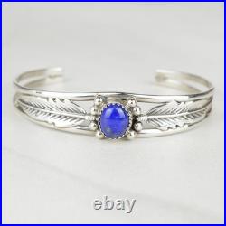 Vintage Lapis Lazuli Sterling Silver Feather Cuff Bracelet 925 Southwestern