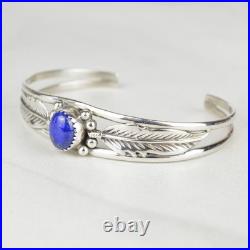 Vintage Lapis Lazuli Sterling Silver Feather Cuff Bracelet 925 Southwestern