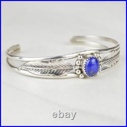 Vintage Lapis Lazuli Sterling Silver Feather Cuff Bracelet 925 Southwestern