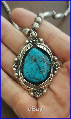 Vintage Large Navajo Handmade Sterling Gem Morenci Turquoise Necklace 57 Grams