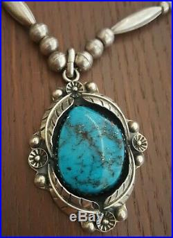 Vintage Large Navajo Handmade Sterling Gem Morenci Turquoise Necklace 57 Grams