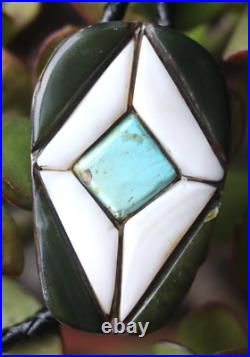 Vintage MULTI-STONE inlay sterling geometric BOLO Navajo pearl tips TURQUOISE