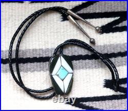 Vintage MULTI-STONE inlay sterling geometric BOLO Navajo pearl tips TURQUOISE