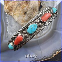 Vintage Marvelyne L. Cheama Native American Silver Turquoise & Coral Bracelet