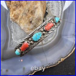 Vintage Marvelyne L. Cheama Native American Silver Turquoise & Coral Bracelet